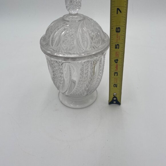 Vintage Glass EAPG Candy Dish Lid Clear Pressed Glass Swirl Feather Diamond Patt - Picture 8 of 8